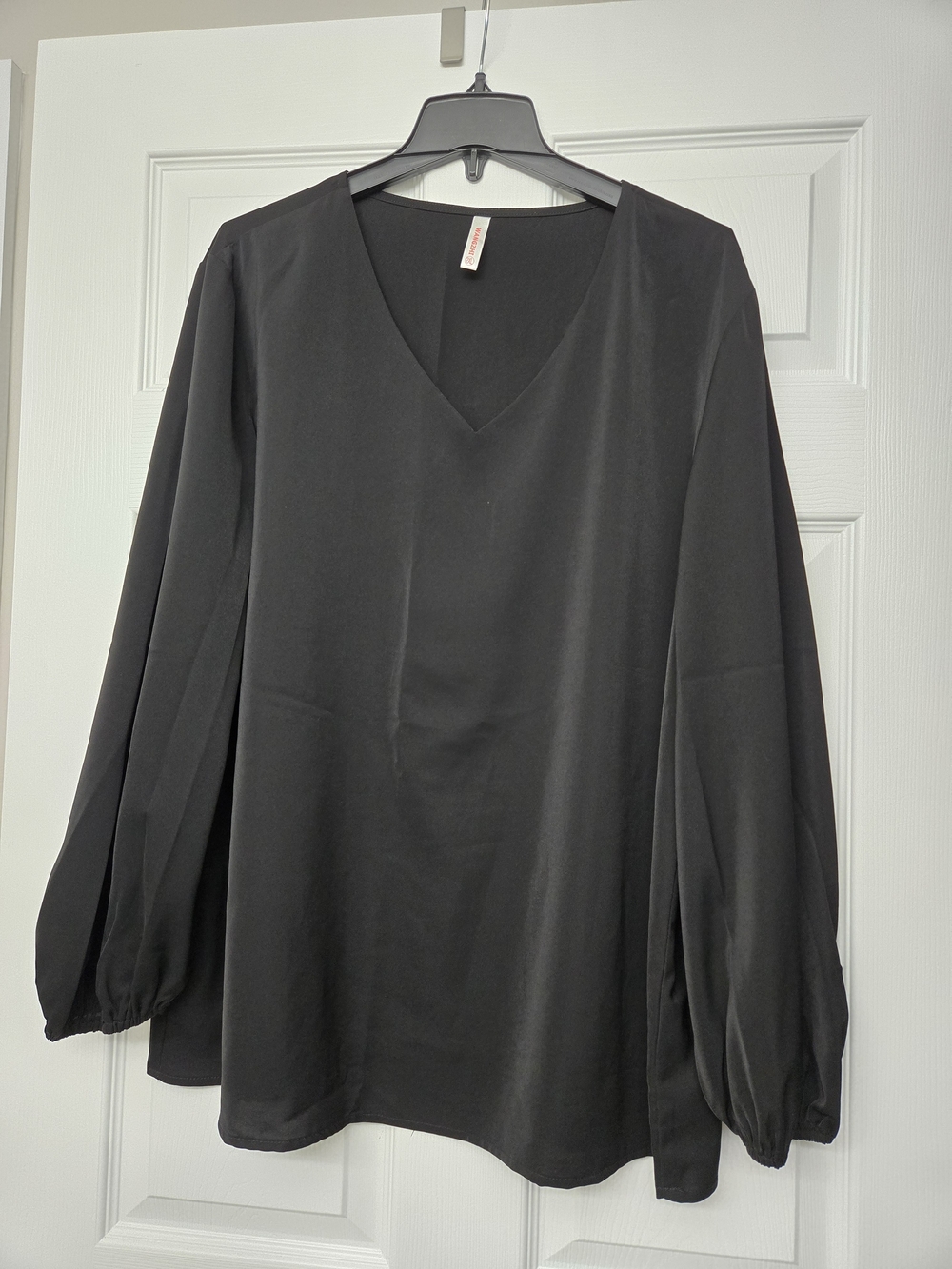 Classic Black Matte Satin V-Neck Long Sleeve Blouse